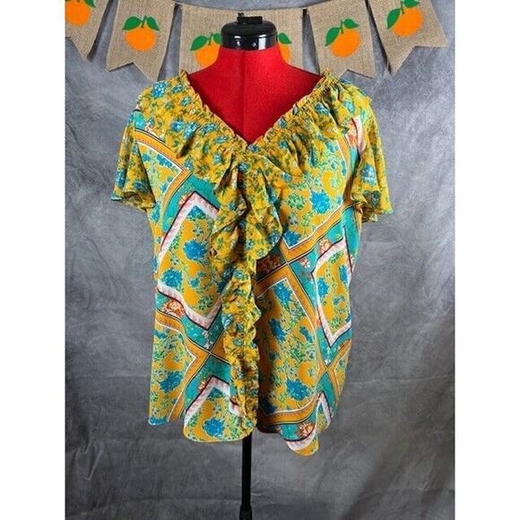 Cato Tops - Cato Ladies Size XL Yellow-Multi Color V Neck Ruffled Short Sleeved Blouse